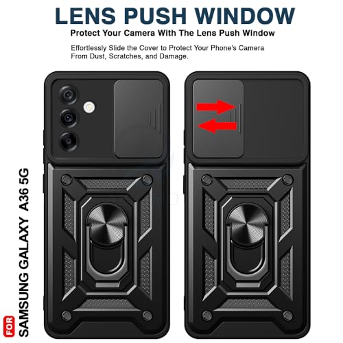 Image of AESTMO Tough Armor Samsung Galaxy A36 5G Bumper Back Case Cover | Ring Holder & Sliding Camera Shield Cover | 360 Degree Protection Back Case Cover for Samsung Galaxy A36 5G (Black)