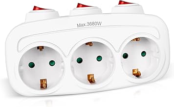 EXTRASTAR 3 in 1 Adapter with 3 Switches and 3 Schuko Sockets, Power Strip Adapter, Up to Load 3680W, 16A/250V~, White, 1Pc