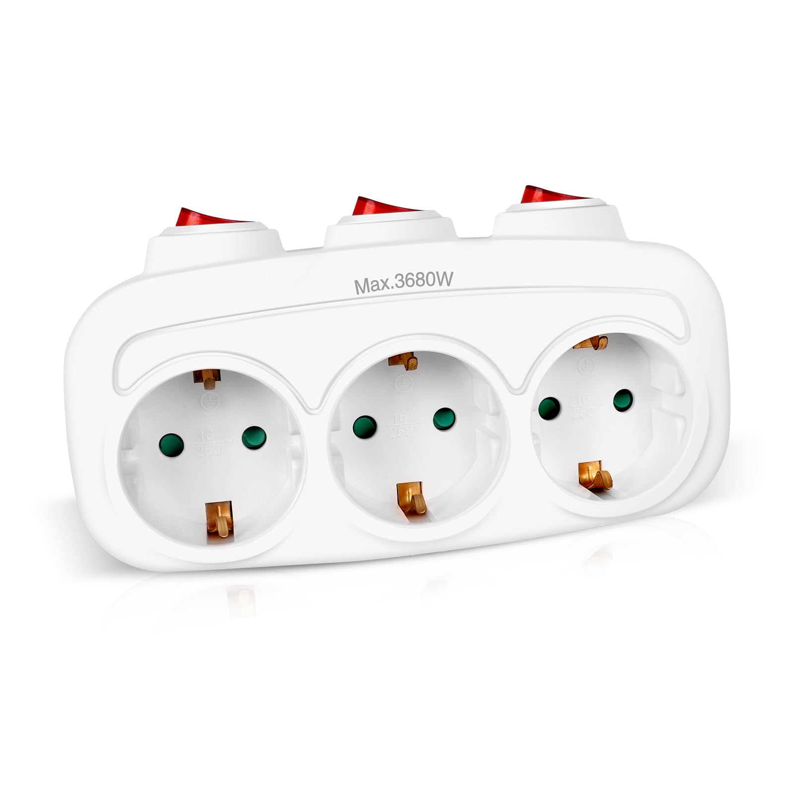 EXTRASTAR 3 en 1 Adaptador con 3 Interruptor y 3 Enchufes Schuko, Adaptador de Regleta, hasta Carge 3680W, 16A/250V~, Blanco, 1Pc
