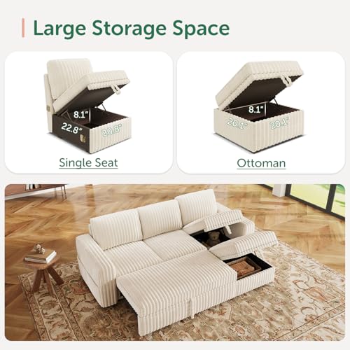 Image of HONBAY Modular Sectional Sofa with Pull Out Bed,Corduroy L Shaped Sleeper Sofa with Storage, Sectional Couches for Living Room,Beige