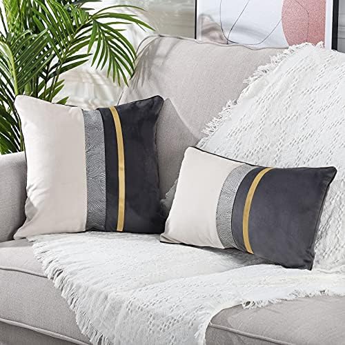 YAERTUN Pack of 2 Patchwork Velvet Square Decorative Throw Pillow Cover with Gold Striped Leather Cushion Cases Modern Luxury Pillowcases for Couch Sofa Bed 16x16 Inches Grey