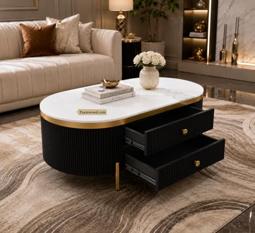 Image of Tesla Centre Table, 42x24x18 Inch, Nano Composite White Marble Top, Gold Accents, 2-Drawer Storage, Oval Design, Waterproof Plywood, PVD Legs, Modern Coffee Table for Living /Entryway