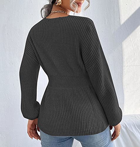 Image of Veatzaer Womens V Neck Sweaters Fall Trendy Casual Long Lantern Sleeve Ribbed Knit Pullover Sweater Tops