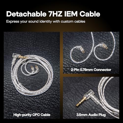 Linsoul 7HZ Elua Ultra In Ear Monitor, słuchawki douszne z podwójnym przetwornikiem dynamicznym, przewodowe słuchawki douszne HiFi IEM z kablem z miedzi o wysokiej czystości (Srebrny)