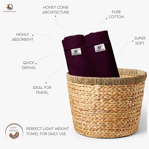Image of Pure Cotton Waffle Towel | Lightweight | Anti Microbial and Water Absorbent | Soft Touch Quick Drying Hand Towels (Wine, Pack of 4)
