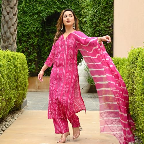 Image of ANNI Designer Women's Rayon Blend Straight Bandhej Printed Kurta with Pant & Dupatta