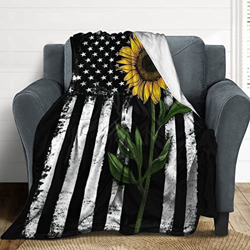 Moveise American Flag Flannel Throw Blankets Vintage Usa Flag Sunflower Fuzzy Blankets Warm Lightweight Bed Throws 56"X45" Inches #TOP4
