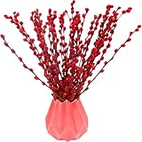 Lanmik 60 Stems 100% Real Plant 17.5 Inches Red Pussy Willow Flowers Pussy Willow Branches New Year's Eve Flowers Red Pussywillows for China Spring Festival New Year's Greetings Home Decor NO VASE