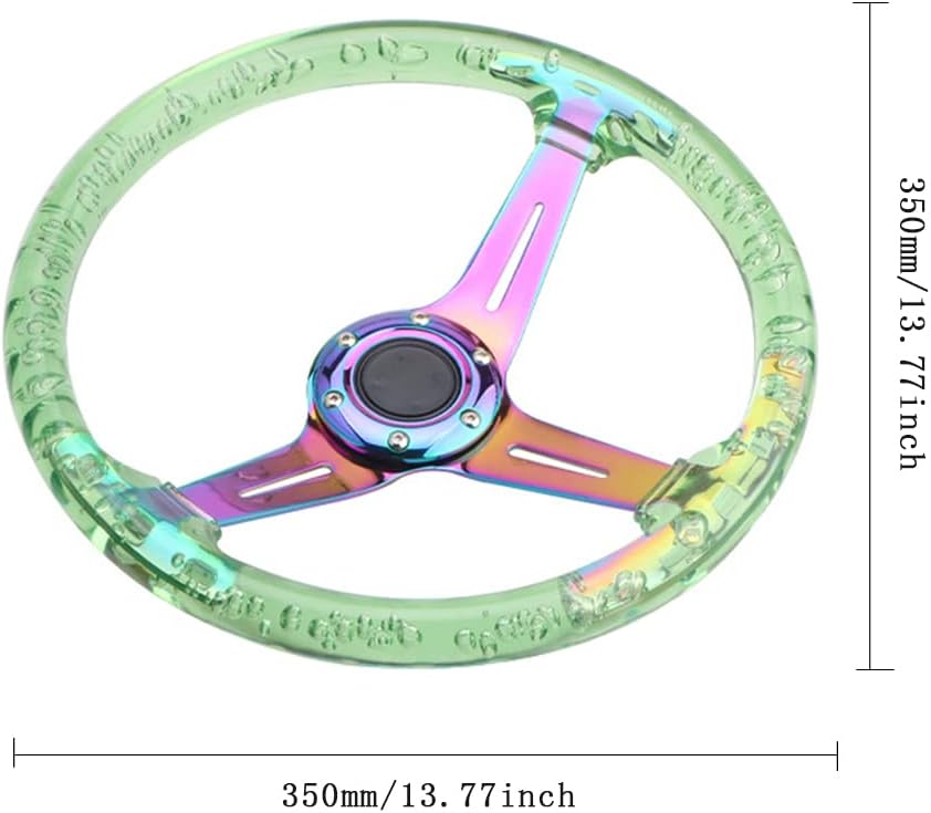 Crystal Acrylic Steering Wheel Fit Golf Cart Club Car Racing, Universal 350mm/13.8" Steering Wheel, Skid Steering Wheel 6 Bolts Horn for Gaming/Car Sim Driving (Colorful Chassis,Green)