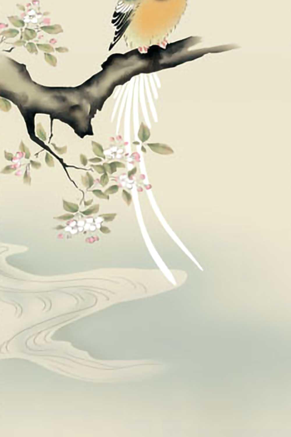 掛け軸 狩野探幽 海棠に尾長鳥