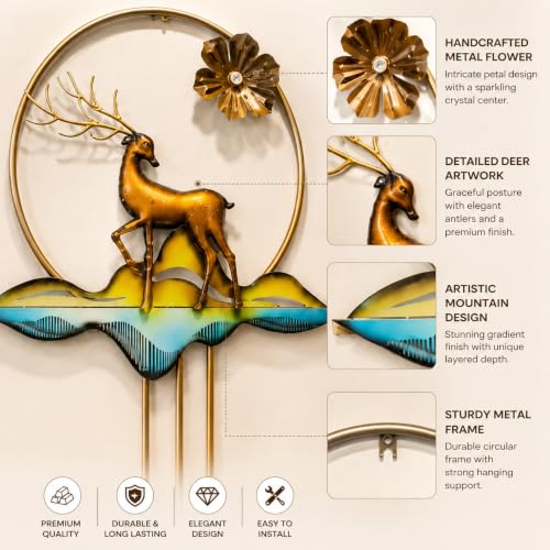 Image of Framing Hub - Iron Modern Deer Metal Wall Art with Golden Floral Accent Colorful Vertical Design and Decorative Frame for Living Room Bedroom Entryway Office Home Decor (22x42 Inch)