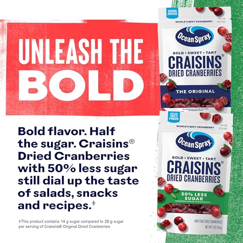 Image of Ocean Spray Craisins, 50% Less Sugar Dried Cranberries, Dried Fruit, 5 Oz Pouch (Pack of 2)
