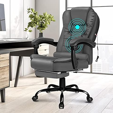 ELFORDSON Executive Office Chair Massage for Home Office, Ergonomic Computer Desk Chairs with Footrest Armrest, PU leather Chair for Adults, Ergonomic Office Chair for Heavy Duty, Grey Colour Cover