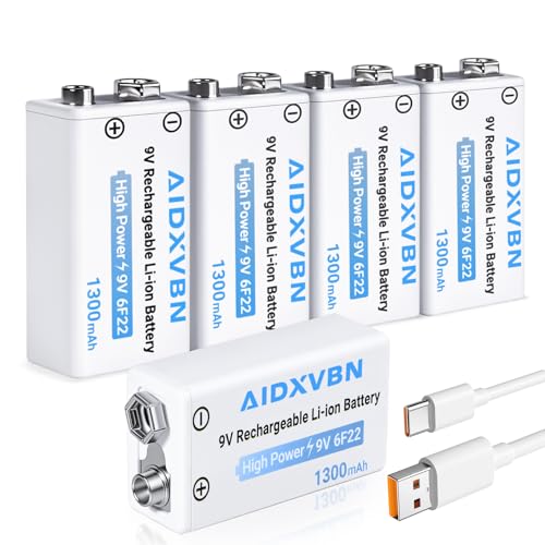 AIDXVBN 5-Pack USB-C Rechargeable 9V Li-ion Batteries - 2-Hour Fast Charging for Smoke Detectors, Guitar Pedals & Multimeters with 2-in-1 Charging Cable
