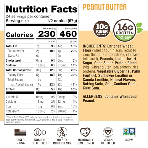 Image of Lenny & Larry's Protein Cookie, Peanut Butter - High Protein Snacks with 16g Plant Protein, 10g Fiber, Soft-Baked, Vegan, Non-GMO | 4oz, Pack of 12