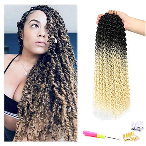 613 Passion Twist Hair Ombre Crochet Passion Twist Braiding Hair 18Inch 6Packs Water Wave Crochet Braids for Long Passion Twist (Black Blonde)