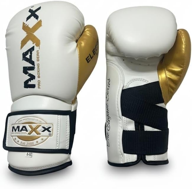 Maxx Boxing Gloves White Gold – Premium Convex Skin Leather Training, Sparring & Fight Gloves for Boxing, Muay Thai & Fitness (WHITE/GOLD ELEGANT, 6OZ)