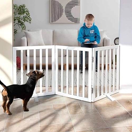 Image of Belief Foldable Wooden Pet Gate for Dogs & Cats - Indoor Safety Barrier for Doorways, Hallways & Stairs | Free-Standing, Portable White Dog Fence - 3 Panel, 60 cm Height (【3 Panels 】 59''W x 24''H)