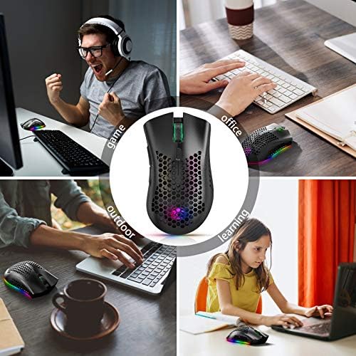 Wireless Gaming Mouse, AAJO Computer Mouse with Honeycomb Shell, 6 Programmed Buttons, 3 Adjustable DPI, Silent Click, USB Receiver, Ergonomic RGB Optical Gamer Mice Mouse for Laptop PC/Mac, Black