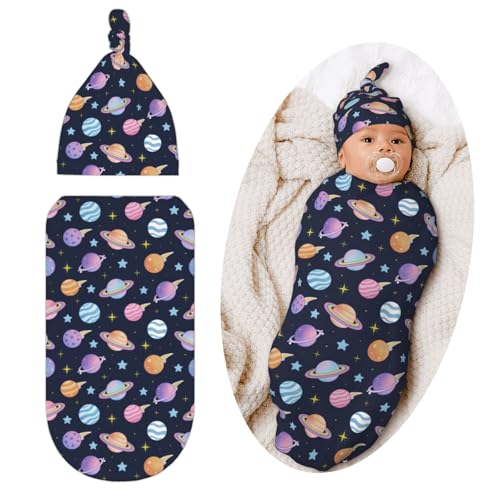 Image of Space Swaddle Blanket with Hat for Baby, Swaddling Space Planet Theme Baby Stuff
