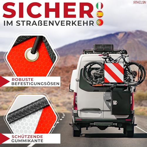 ATHELON® 3in1 Warntafel für Italien, Spanien & Portugal - Reflektierendes Warnschild inklusive 4X Spanngurte - Hochwertige Warntafel Italien für Fahrradträger (Warntafel + Gummi)