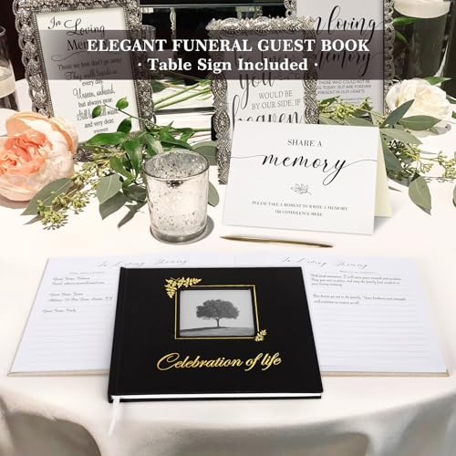 Image of Lanpn Funeral Guest Book for Memorial Service, Linen Celebration of Life Registry Guest Book with Open Window, Memory Book for Funeral with Table Sign, Funeral Favors Sign in Books for Guests, Blue