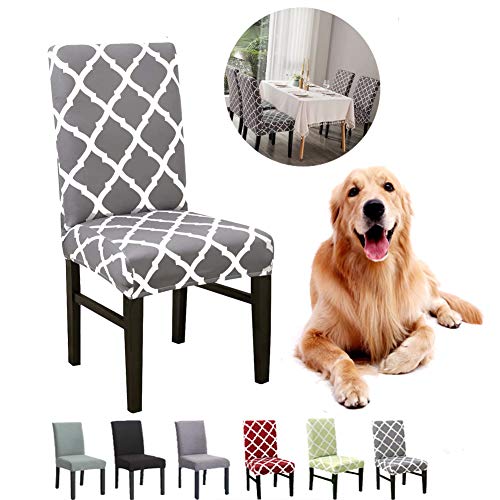 JunYito Housse de Chaise 4/6 Pièces Extensible Frifer Housses de Chaise Haut Dossier Elastiques Housse de Protection pour Salle à Manger Hôtel (Nouveau Style A-Gris, 4 pièces)