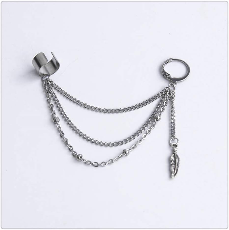 Vintage Tassel Ear Cuff Crawler Climber Earring for Women Girls Men Stainless Steel Cartilage Small Hoop Wrap Vine Clip on Feather Leaf Multi Layered Chain Drop Fashion Jewelry 1 Piece