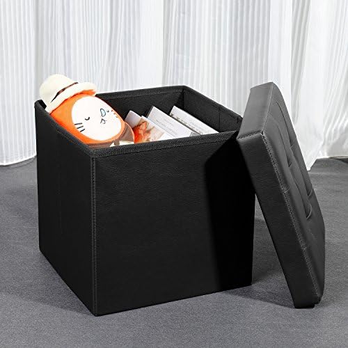 Bonlife 12.6" Black Folding Storage Ottoman Box Footstool,Faux Leather Storage Box with Lid Toy Chest Cube Foot Rest Seat, 32x32x32cm