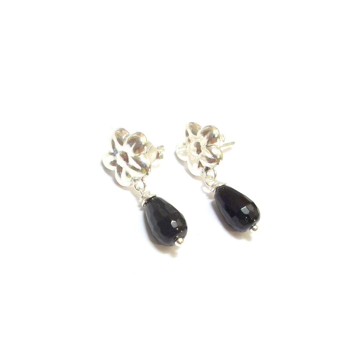 Boucles D'oreilles Argent 925 Et Onyx - Forme Fleur à 3 étages - Réf BO-AR-20 - Neuf Avec étiquettes