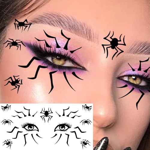 Image of 18 Sheets Horrible Spider Spiderweb Temporary Tattoos Halloween Eye Tattoos Face Tattoo Sticker, Realistic Scary Bloody Stitch Wound Fake Scar Tattoos Halloween Vampire Zombie Makeup Party Accessories