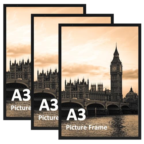 Hoikwo A3 Picture Frame Pack of 3, Black Poster Frame for Wall Hanging, A3 Photo Frame for Home and Gallery Displays, Horizontal or Vertical (29.7x42cm)