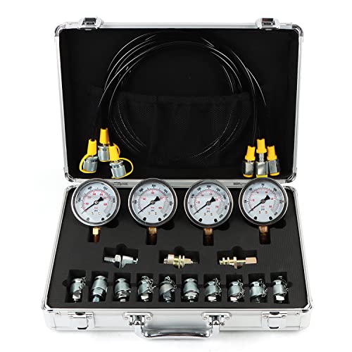 Image of Hydraulic Pressure Test Kit 100 /250 /400 /600bar, 4 Gauges 13 Couplings 3 Test Hoses Hydraulic Gauge Kit for Excavator Construction Machinery Ships Mine