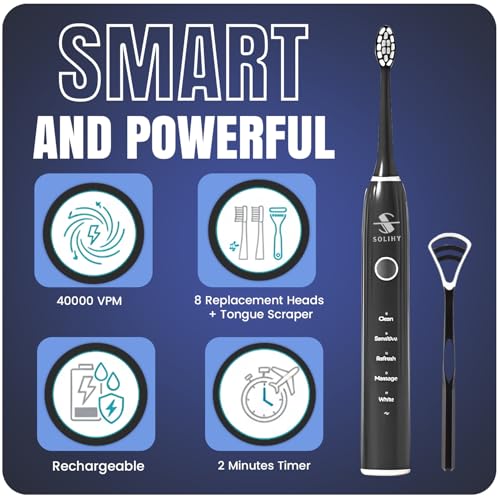 Image of Electric Toothbrush with 8 Soft Bristle Heads for Adults, Pressure Sensor, 5 Modes with 2 Minutes Build in Smart Timer, Rechargeable Travel Toothbrush with Brush Hold and Tongue Scrapper
