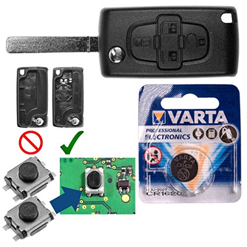 Repair Reparatur Satz Autoschlüssel Funk Fernbedienung Austausch Gehäuse mit 4 Tasten + VA2 Rohling + Batterie kompatibel mit Peugeot 807 1007