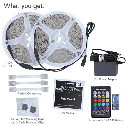 Image of Xtreme Multicolored LED Strip Lights with Remote, 100 Foot RGBW Lights Strip with Adhesive Backing, Cut & Reconnect, Dimmable, 15 Colors, 900 LED Lights, 4 Modes Including Strobe, Flash, Fade & Smooth