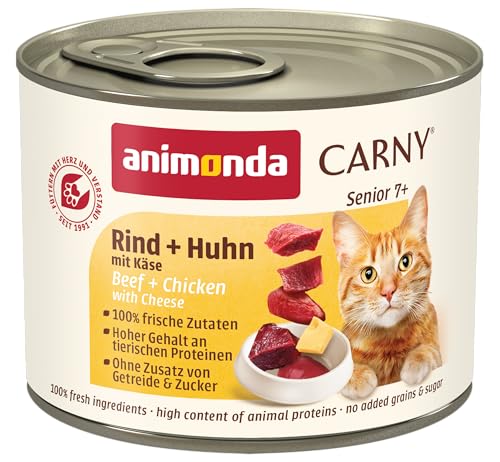 animonda Carny Katzen Nassfutter Senior Rind + Huhn + Käse (6 x 200g), Katzenfutter nass ohne Getreide ohne Zucker für Katzen ab 7 Jahren mit frischen und fleischigen Zutaten