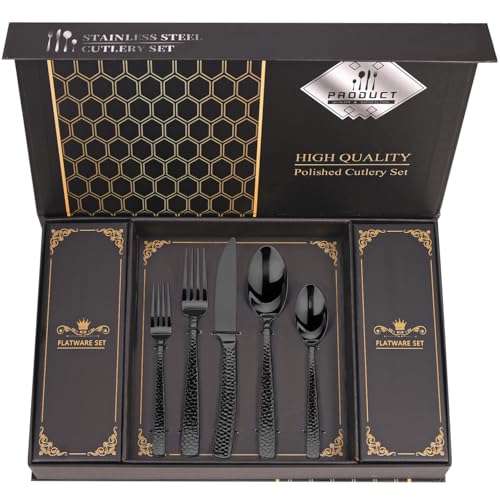 Hammered Black Silverware Set With Gift Box For 8 Cutlery Set Utensils Stainless Steel Flatware 40 Pieces MIKIWAY Luxury Kitchen Tableware Set For Gifts Festive, Dishwasher Safe, Mirror Polishing