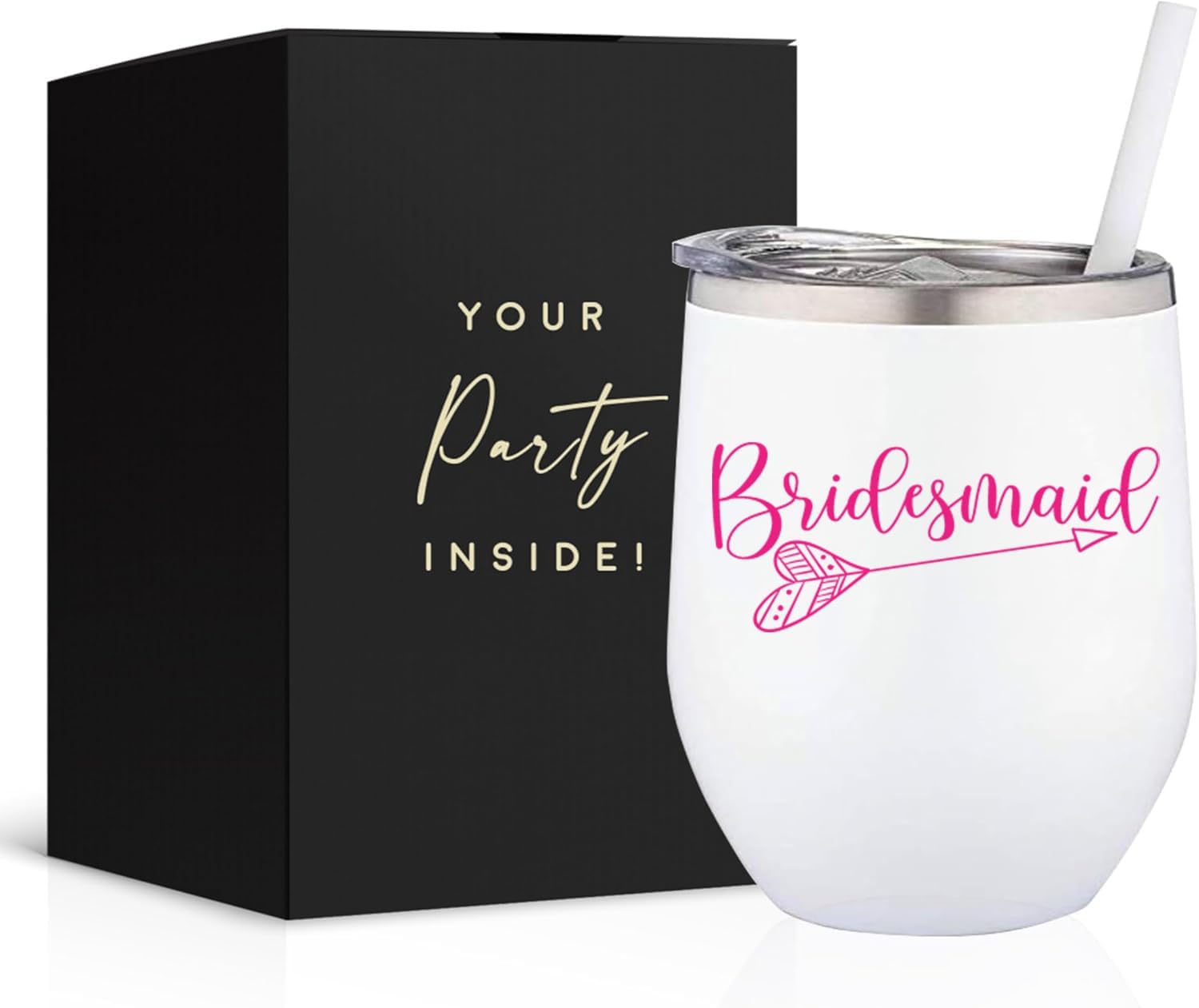 Bridesmaid stemless wine tumbler with lid and straw