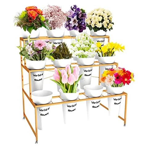 Flower Display Stand With 12PCS Buckets, 3 Layers Metal Plant Stand with Wheels, Heavy Duty Moving Plant Cart Shelf, for Indoor, Outdoor Patio Garden, Living Room, Florist (White - Round Bucket) Cover