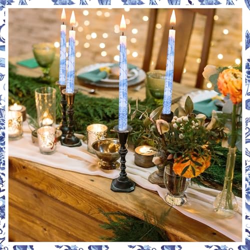 Image of Threlaco 9.8 inch Long Taper Chinoiserie Porcelain Candlesticks Dripless Bridal Wedding Shower Candle Blue White Decorations Unscented Taper Candles for Party Gift Home Decor