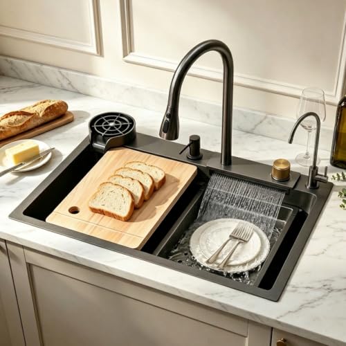 Fregadero de 1 plato multifuncional rectangular negro que soluciona la falta de espacio en la cocina 2