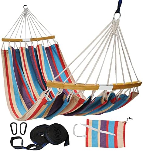 Lxoohy Outdoor Double Hammock with Travel Bag, Portable 2 Person Patio Hammock with D Rings and Tree Straps for Camping, Picnic, Backyard, Foldable and Curved Spreader Bar, Red Blue