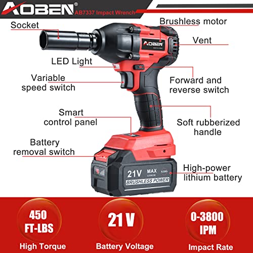 Aoben 21V 1/2 Cordless Impact Wrench, High Torque Brushless Impact Wrench Set, Max Torque 450 Ft-Lbs (600N.m), 4.0Ah Li-Ion Battery, 7 Pcs Sockets 1 Extension Bar, Fast Charger And Tool Bag #TOP1