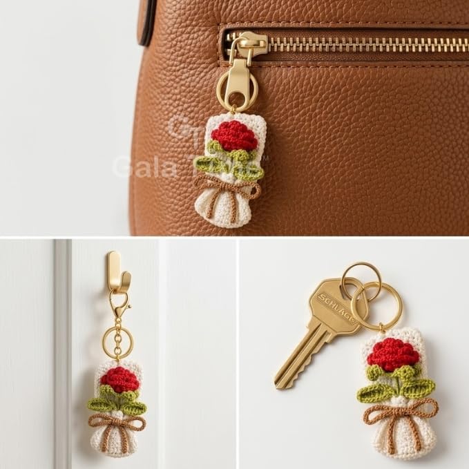 Image of Handmade Crochet Flower Keychain for Bags Keys Purse Backpack Cute Aesthetic Yarn Keyring Bag Charm Handmade Soft Thread Flower Keychain for Girls Women Kids Gifting and Daily Use