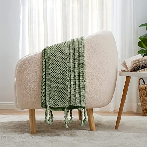 Cozy Bliss Honeycomb Knit Throw Blanket With Hand-Made Tassel Soft Cozy Acrylic Knitted Throw Decorative Woven Blanket For Couch, Bed,Sofa, 50X60 Inches, Sage Green #TOP2