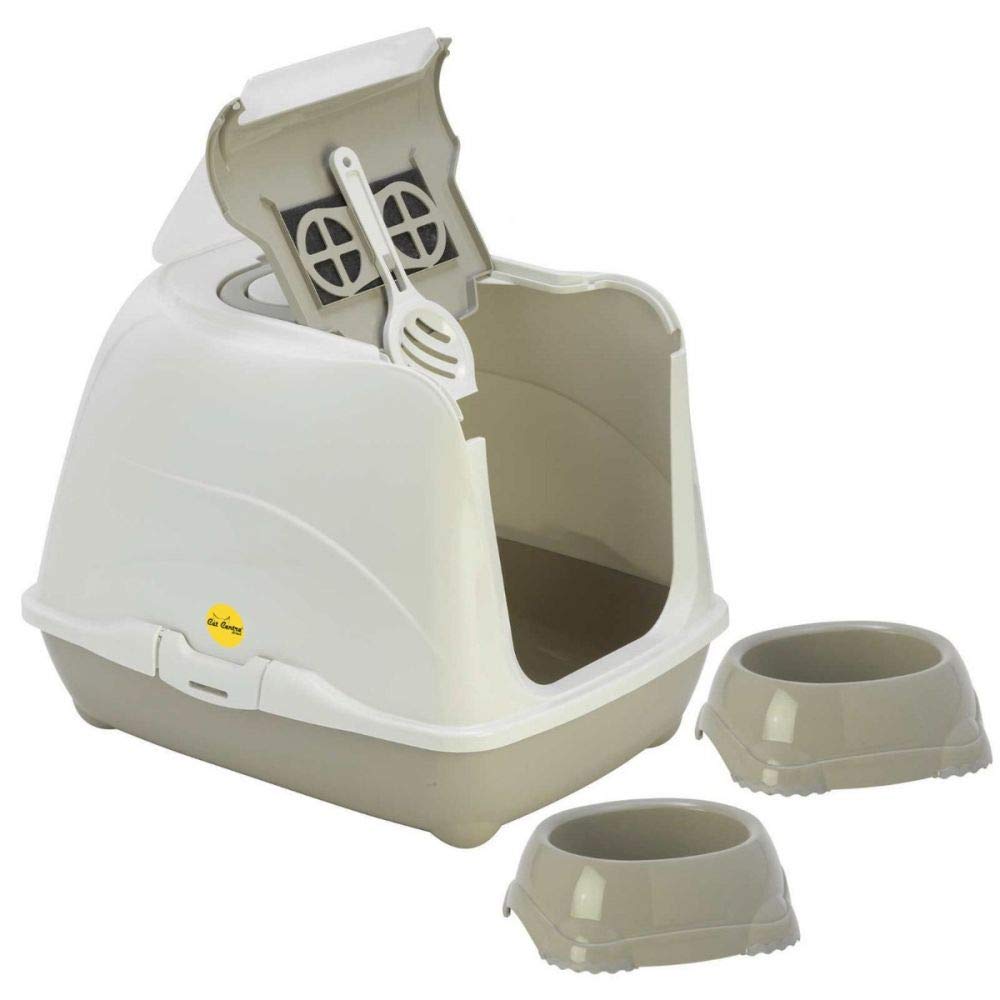 CAT CENTRE Grey Flip Hooded Cat Litter Tray + 2 Bowls 0.3L + Scoop, Filter