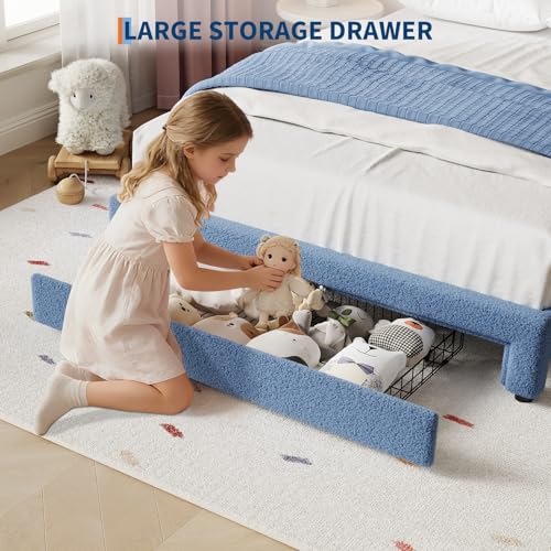 Image of GarveeHome Bed Frame with LED Headboard for Kids, Sherpa Upholstered Platform Bed Frame with Storage Drawer and Wood Slat Support, No Box Spring Required, Easy to Assemble (Blue, Twin)