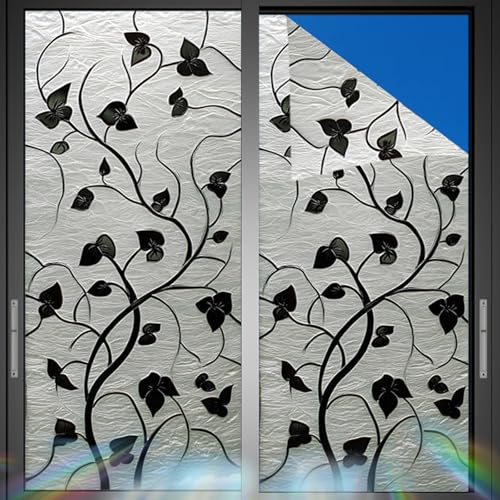 Image of Nuxovilar Frosted Black Vine Leaf Pattern Window Film 17.7x39.4 PVC | Black Vine, Embossed Cling foliage leaf sticker, privacy glass wrap for bedroom living room bathroom (Black Vine)