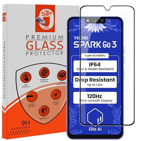 Image of STP FEEL Premium Tempered Glass Screen Protector Guard Compatible For Tecno Spark Go 3 5G (6.74 Inch, Pack of 1) | Edge to Edge Coverage With Easy to installation kit
